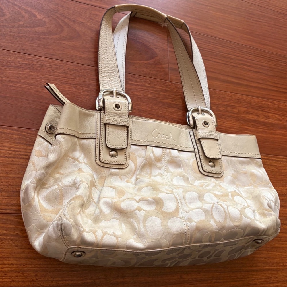 Coach Vintage Large Signature C Canvas Leather Trim Shoulder Bag Cream F14492